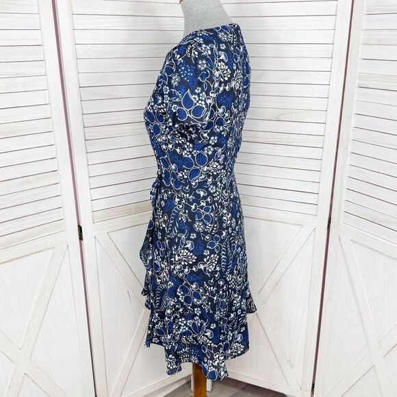 J. Crew Floral Faux Wrap Mini Skater Dress Blue Size 0 Ruffle Trim Short Sleeve - Picture 2 of 14